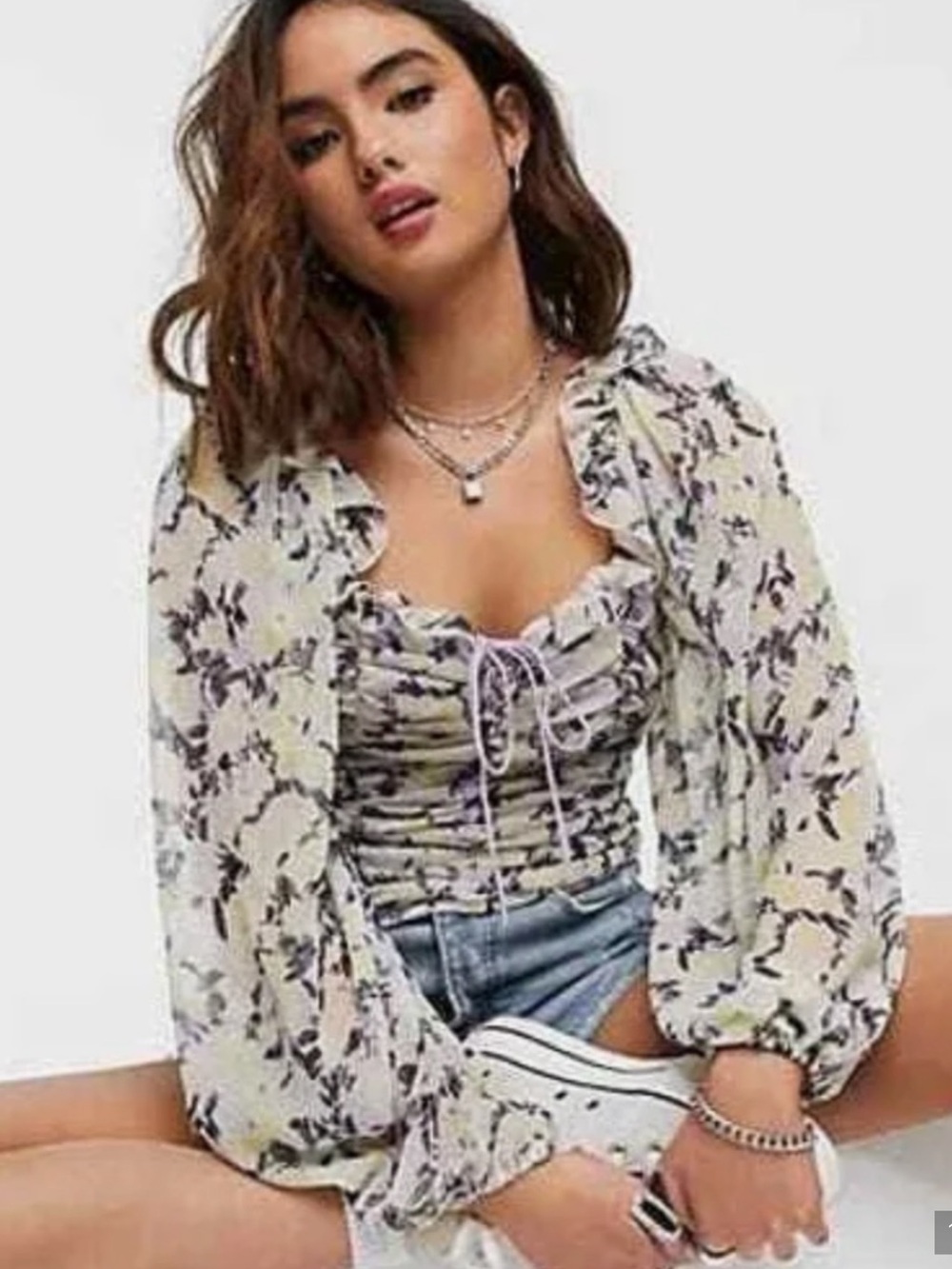 Free People Lilac Floral Ruched Tie-Front Blouse Size S